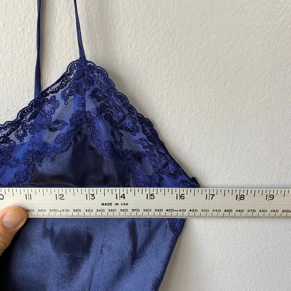 La Mouette Navy Blue Satin Lace Trim Chemise Slip‎ Dress Nightgown Medium